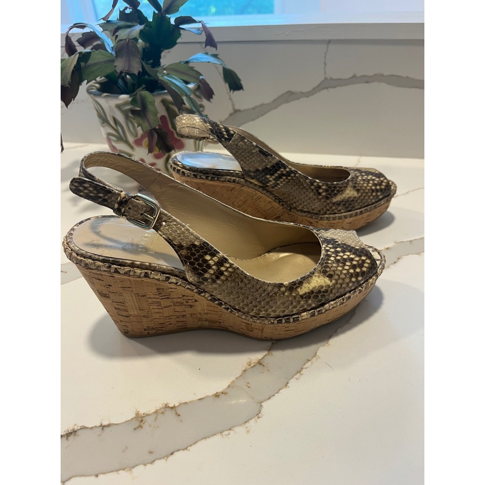 Stuart Weitzman Snakeskin Embossed Cork Wedge Slingback Sandals Brown 7.5 M - Picture 6 of 8
